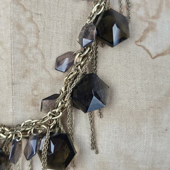 Lot 2 J Crew necklaces olive green and stone ribbon smokey facetted fringed - Picture 8 of 11